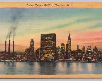 Antique Postcard, United Nations Building at Disk, New York Skyline, New York City NY, Posted 1951