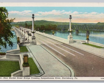 Antique Postcard, New Market Street Bridge crossing the Susquehanna River, Harrisburg Pennsylvania, Posted 1944