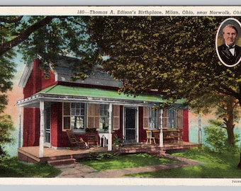 Antique Postcard, Thomas Edison's Birthplace, Milan Ohio near Norwalk Ohio, Posted 1945