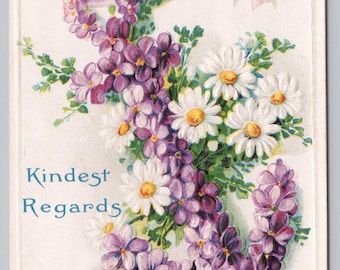 Antique Postcard, Kindest Regards, White & Purple Flowers, 1910s Embossed Postcard