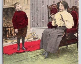 Antique Postcard, Undivided Back Novelty Humor Postcard, Mother and Son Humor, 1900s Bamforth & Co. Publishers