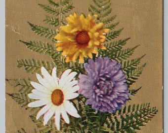 Antique Postcard, White Yellow & Purple Flowers, Love Poem, Romance Postcard, Posted 1909