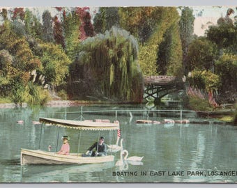 Antique Postcard, Boating in East Lake Park, Los Angeles California, Posted 1914, eastlake park, swans