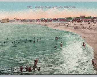 Antique Postcard, Aerial View of Bathing Beach, Venice California, Posted 1915