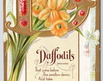 Antique Postcard, Daffodils Poem, Ornate Victorian Design, 1910s Embossed Postcard
