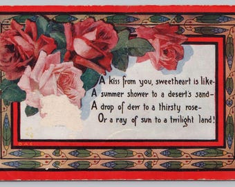 Antique Postcard, Red & Pink Roses, A Kiss from You, 1909 Sweetheart Series Postcard