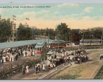 Antique Postcard, Railroad Depot & Pony Track, Euclid beach, Cleveland Ohio, Posted 1912