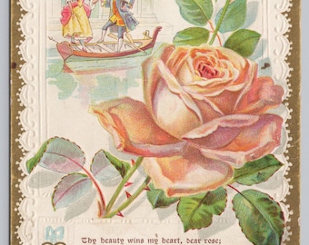 Antique Postcard, Thomas Moore Poem, Large Rose, Antique Couple & Rowboat, 1910s Embossed Postcard