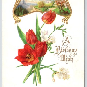 Antique Postcard, A Birthday Wish, Red Roses, Embossed Postcard, 1910s Unposted