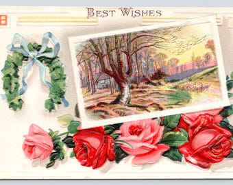 Antique Postcard, Best Wishes, Red & Pink Roses, Country Landscape, 1910s Postcard