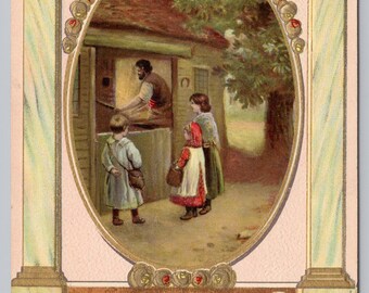 Antique Postcard, The Village Blacksmith Working, Children Coming Home From School, Posted 1910, ornamental border