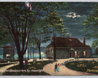 Antique Postcard, George Washington's Headquarters by Moonlight, Newburgh New York, Posted 1909