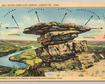 Antique Postcard, See 7 States from Point Lookout, Umbrella Rock, Lookout Mountain, Chattanooga Tennessee, Posted 1952