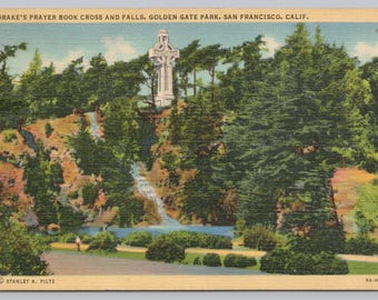 Antique Postcard, Drake's Prayer Brook Cross & Falls, Golden Gate Park, San Francisco California, Posted 1939