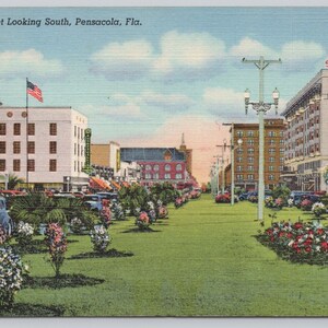 May include: A vintage postcard depicting a street scene in Pensacola, Florida. The postcard shows a street lined with buildings, including the Hotel San Carlos. The street is lined with trees and flowers, and there are cars parked on the side of the road. The postcard is titled "Palofox Street Looking South, Pensacola, Fla."