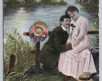 Antique Romance Postcard, Victorian Couple Courting by Lake, Under Full Moon, Romantic Postcard, Early 1900s Unposted