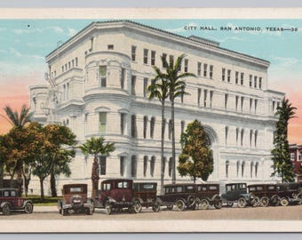 Antique Postcard, San Antonio City Hall Building, Antique Cars, San Antonio Texas, 1920s White Border Postcard
