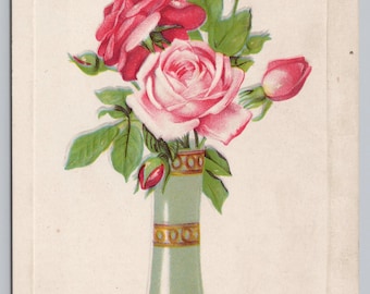 Antique Postcard, All Kind Thoughts, Carnations in a Vase, 1910s Embossed Postcard