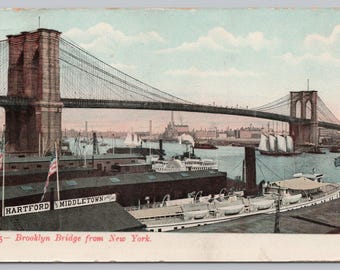 Antique Postcard, Brooklyn Bridge from the New York Side, NYC, view of many boats passing under bridge, Posted 1908