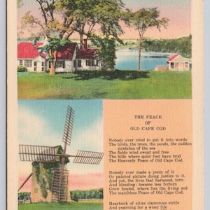 Antique Postcard, An Old Homestead Old Windmill, Cape Cod Massachusetts, 1940s Linen Postcard