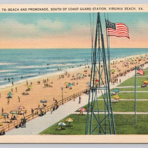 Antique Postcard, Beach & Promenade, South of Coast Guard Station, Virginia Beach Virginia, 1940s Linen Postcard