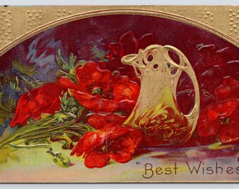 Antique Postcard, Best Wishes, Red Flowers Still Life, 1910s Embossed Postcard