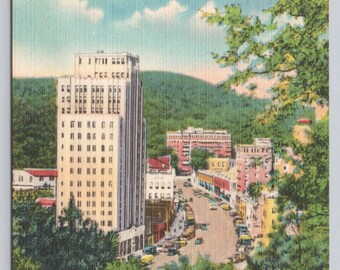 Antique Postcard, Central Avenue looking toward Medical Arts Building & Majestic Hotel, Hot Springs Arkansas, 1952 Linen Postcard