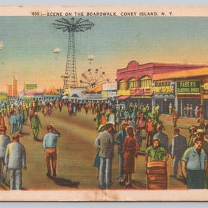 Antique Postcard, Scene on the Boardwalk, Coney Island New York, Posted 1953, ferris wheel, penny arcade, electric bingo, hebrew national