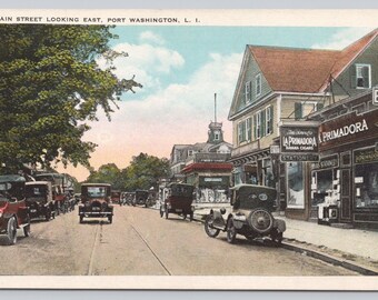 Antique Postcard, Main Street looking east, Port Washington Long Island New York, 1920s unposted, old cars, cigar store