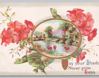 Antique Postcard, Red Flowers & Country River Scene, May Your Shadow Never Grow Less, 1910s Embossed Postcard
