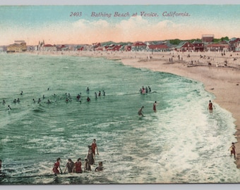 Antique Postcard, Aerial View of Bathing Beach, Venice California, Posted 1912