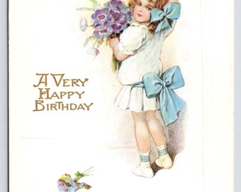 Antique Embossed Birthday Postcard: Boy, Girl on Horseshoe Swing