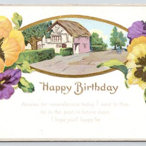 Antique Birthday Postcard, Yellow & Purple Flowers Around Country House, Happy Birthday, 1910s Unposted