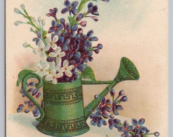 Antique Postcard, Green Watering Can filled with white & purple lilacs, Posted 1911, Printed in Germany