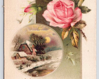 Antique Postcard, A Merry Christmas, Pink Rose & Snow Covered House, 1910s Christmas Postcard