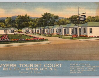 Antique Postcard, Myers Tourist Court Motel, on U.S. 19, Bryson City North Carolina, 1940s Linen Postcard, unposted