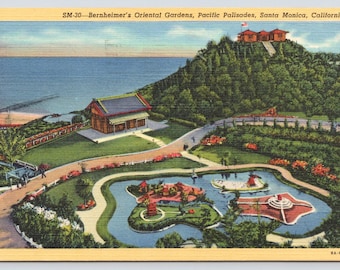 Antique Postcard, Bernheimer's Oriental Gardens, Pacific Palisades, Santa Monica California, Posted 1947