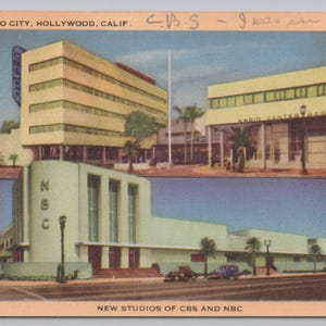 May include: Vintage postcard featuring Radio City in Hollywood, California. The image showcases the NBC and CBS studios, with architectural details of the buildings. The postcard has text that reads "New Studios of CBS and NBC."