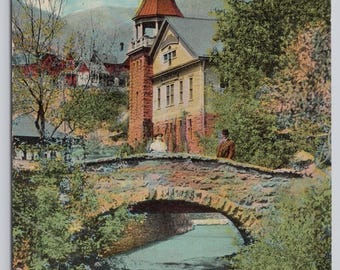 Antique Postcard, Scene in Manitou Colorado, Foot Bridge, Old Buildings, 1910s unposted