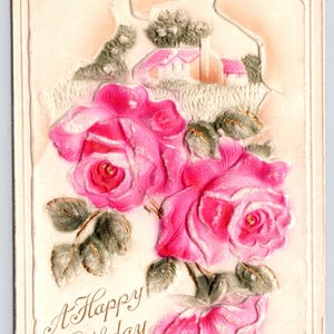 Antique Birthday Postcard, Pink Roses, Heavily Embossed, A Happy Birthday, 1910s, Printed in Germany