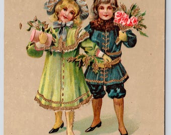 Antique Birthday Postcard, Children Holding Flowers, Birthday Greetings, Printed in Saxony, 1910s Unposted