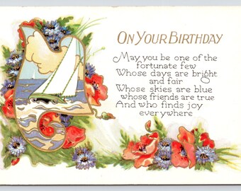 Antique Postcard, On Your Birthday, Sailboat & Flowers Art Nouveau Design, Embossed Postcard, 1910s Unposted