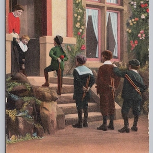 May include: Vintage postcard illustration depicting children in period clothing outside a house. The text reads, "CAN TOM GO WITH US TO SUNDAY SCHOOL?" A woman and child are at the doorway. The scene is framed by a floral-covered facade.