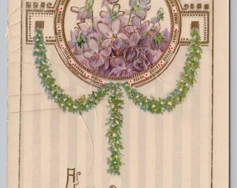 Antique Postcard, A Happy Birthday, Purple Flowers & Green Garland, 1910s Divided Back Postcard, Printed in Germany
