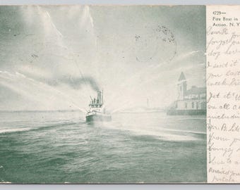 Antique Postcard, Fire Boat in Action, New York City NY, Posted 1906, Undivided Back Postcard