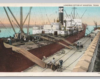 Antique Postcard, Loading Cotton at Houston Texas, White Border Posted 1929, cargo ship