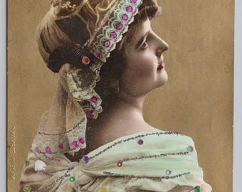 Antique Postcard, Beautiful Gypsy Woman, Hand Tinted Antique Postcard, with gold glitter, 1900s Made in Germany