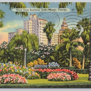 Antique Postcard, View from Bayfront Park, Miami Florida, Posted 1941