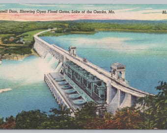 Antique Postcard, Bagnell Dam, showing open flood gates, Lake of the Ozarks Missouri, 1940s Unposted