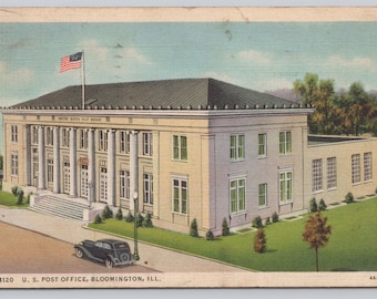 Antique Postcard, United States Post Office, Bloomington Illinois, street view with old cars, Posted 1935